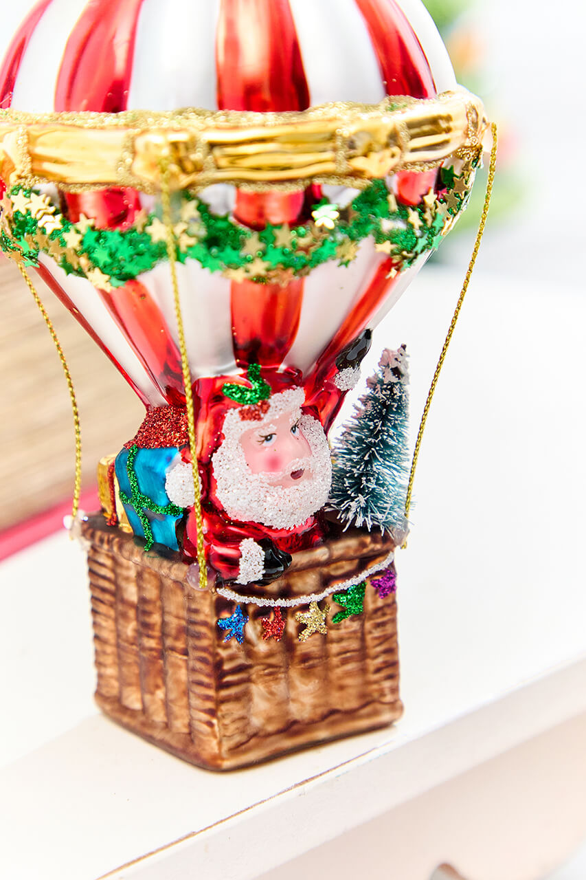 6" Glass Hot Air Balloon Santa Ornament