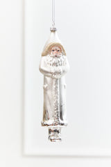 8" Silver & White Glass Santa Ornament