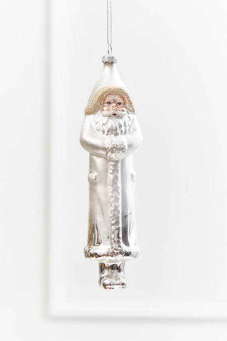 8" Silver & White Glass Santa Ornament
