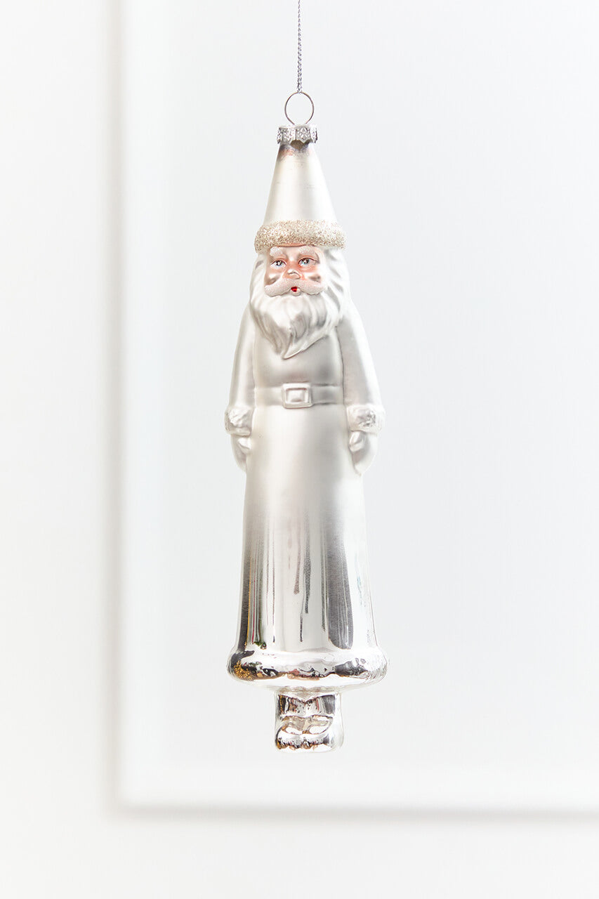 8" Silver & White Glass Santa Ornament