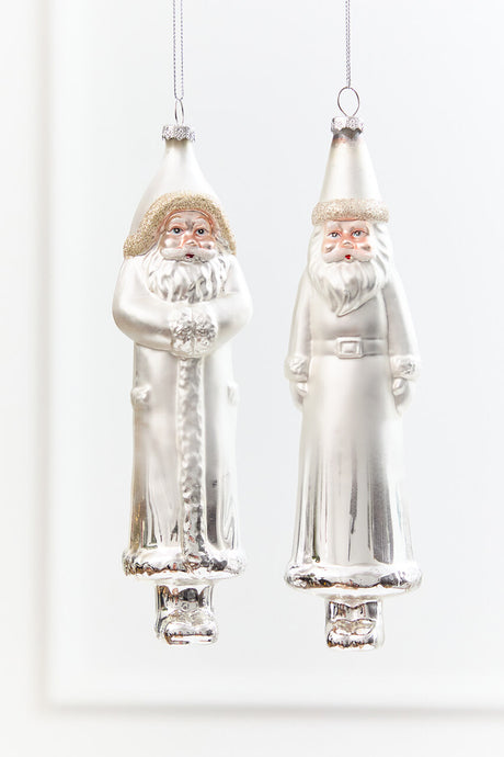 8" Silver & White Glass Santa Ornament