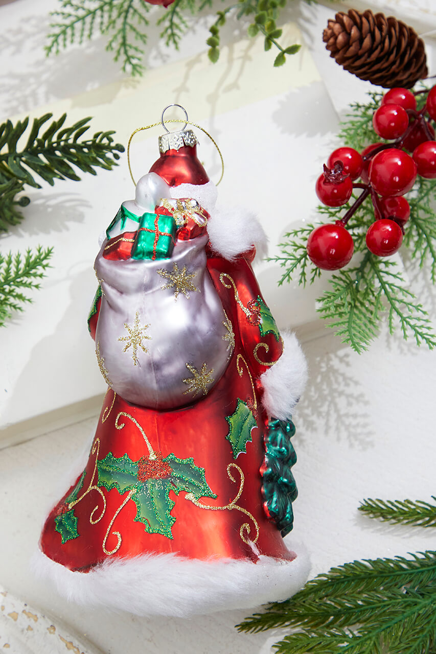 8" Glass Holly Days Santa Ornament