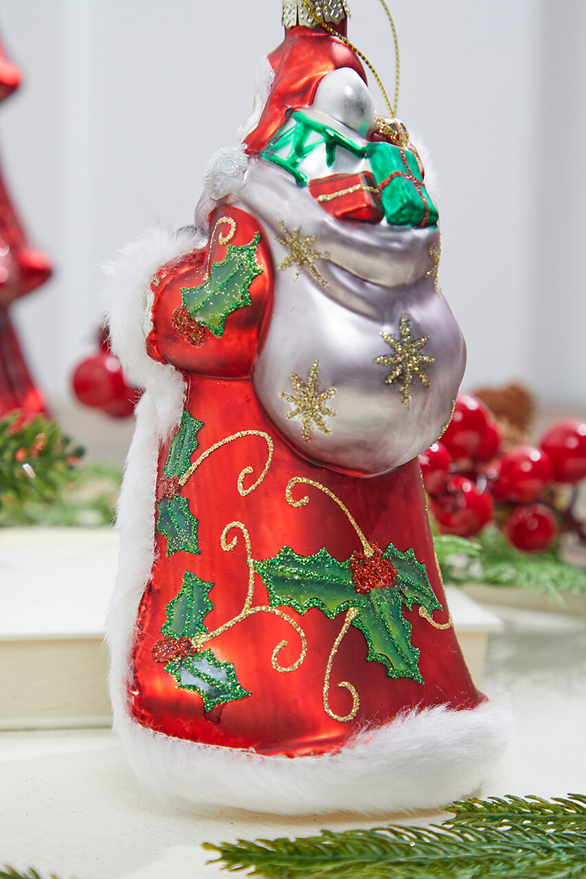 8" Glass Holly Days Santa Ornament