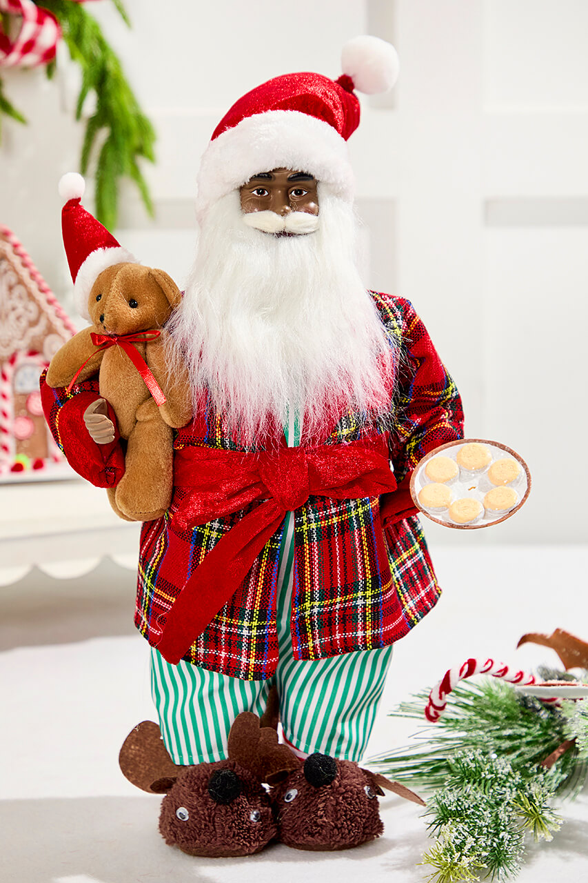 18" African American Santa Figurine with Plaid Robe