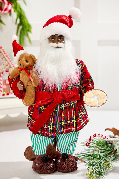 18" African American Santa Figurine with Plaid Robe