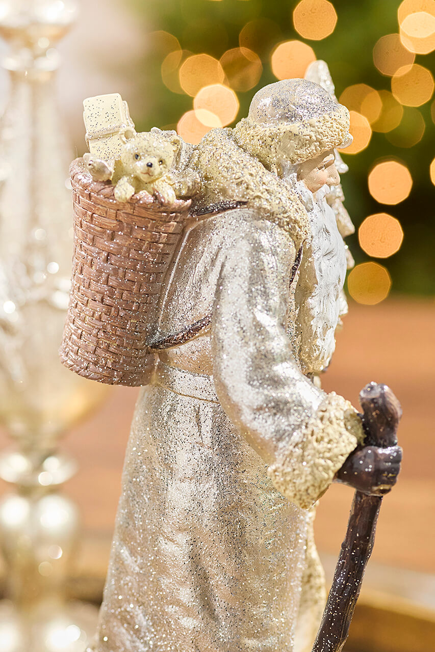 12" Resin Glitter Vintage Santa With Tree And Staff