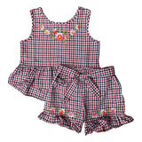 Girls Gingham Short Sets Cotton Fabric - Embroidered Gingham, Lime, Red, Black, Pink, Purple, Blue, Sizes 5-8 (1 Set)