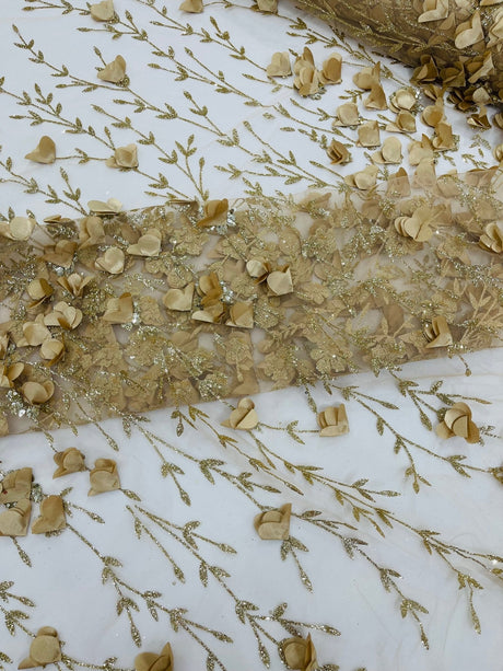 Satin 3D Floral Glitter Lace Fabric - 3D Satin Floral Embroidery With Glitter/Sequin, 54" Width (1 Yard)