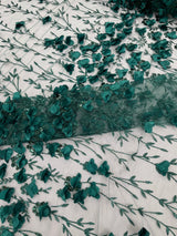 Satin 3D Floral Glitter Lace Fabric - 3D Satin Floral Embroidery With Glitter/Sequin, 54" Width (1 Yard)