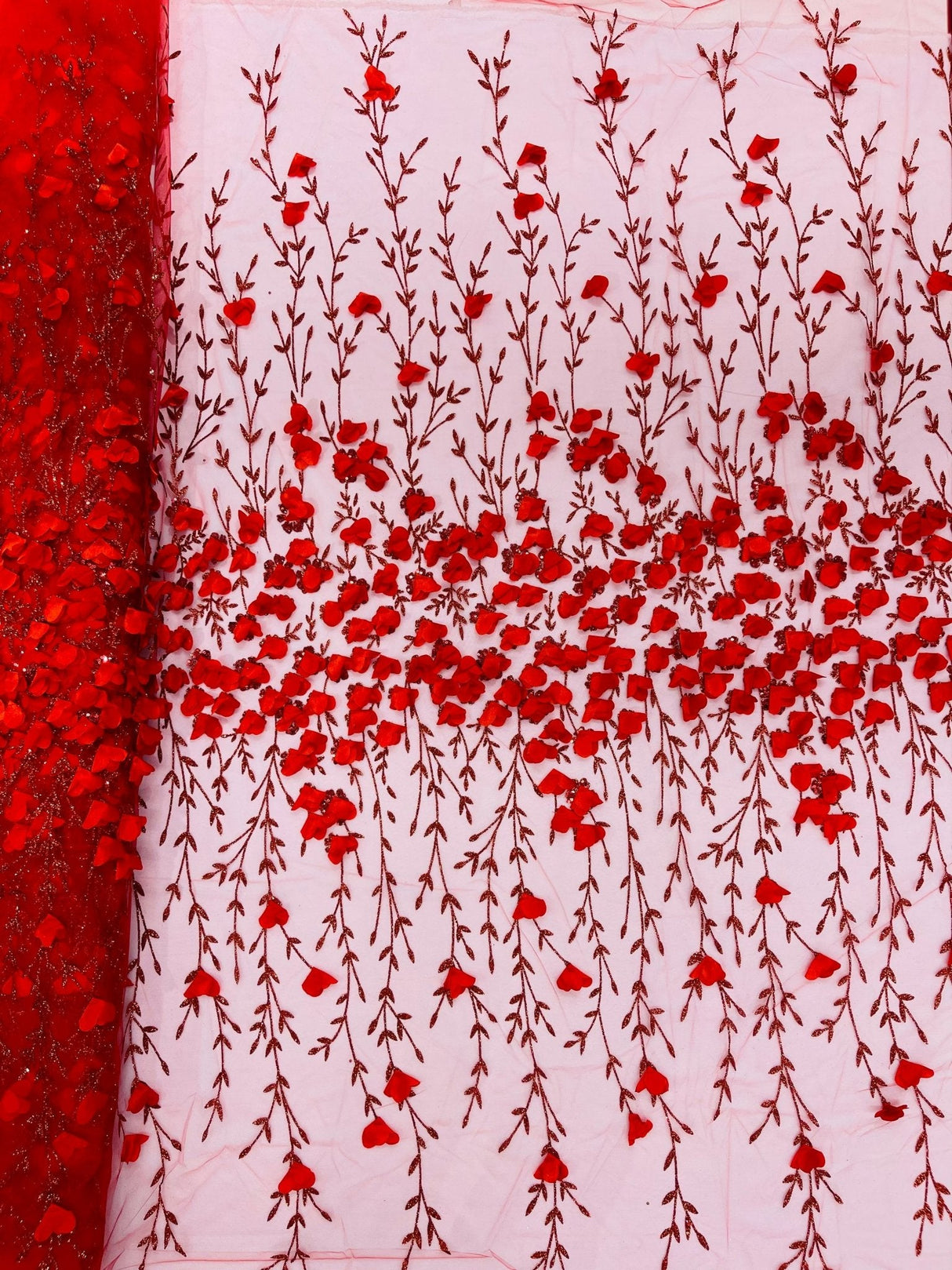 Satin 3D Floral Glitter Lace Fabric - 3D Satin Floral Embroidery With Glitter/Sequin, 54" Width (1 Yard)