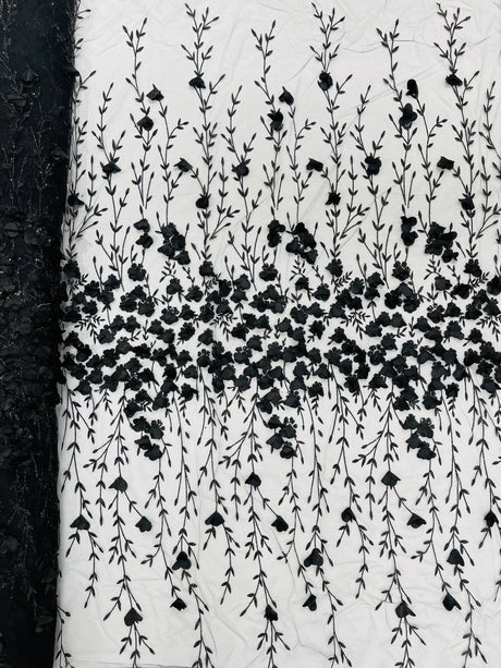Satin 3D Floral Glitter Lace Fabric - 3D Satin Floral Embroidery With Glitter/Sequin, 54" Width (1 Yard)