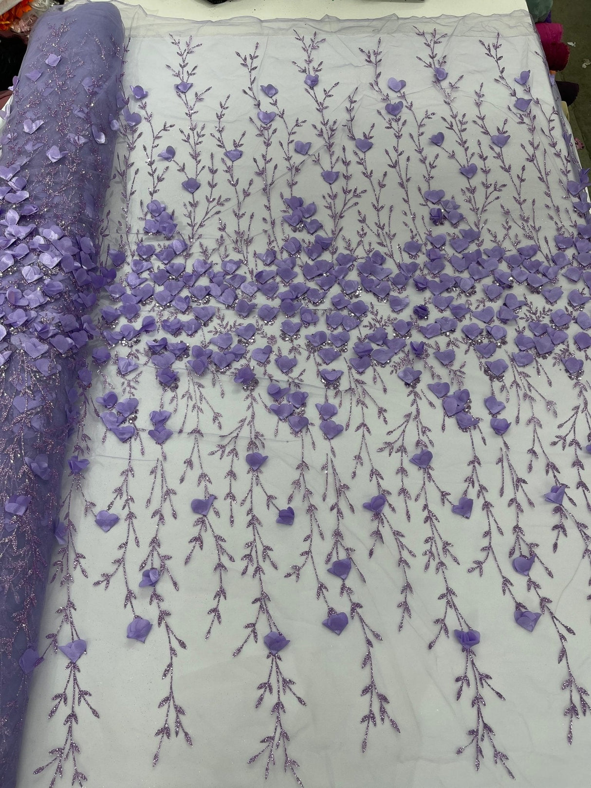 Satin 3D Floral Glitter Lace Fabric - 3D Satin Floral Embroidery With Glitter/Sequin, 54" Width (1 Yard)