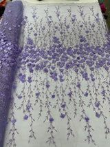 Satin 3D Floral Glitter Lace Fabric - 3D Satin Floral Embroidery With Glitter/Sequin, 54" Width (1 Yard)