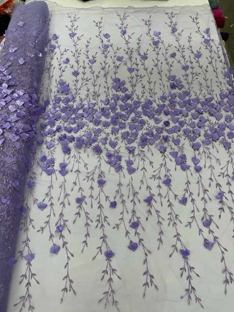 Satin 3D Floral Glitter Lace Fabric - 3D Satin Floral Embroidery With Glitter/Sequin, 54" Width (1 Yard)