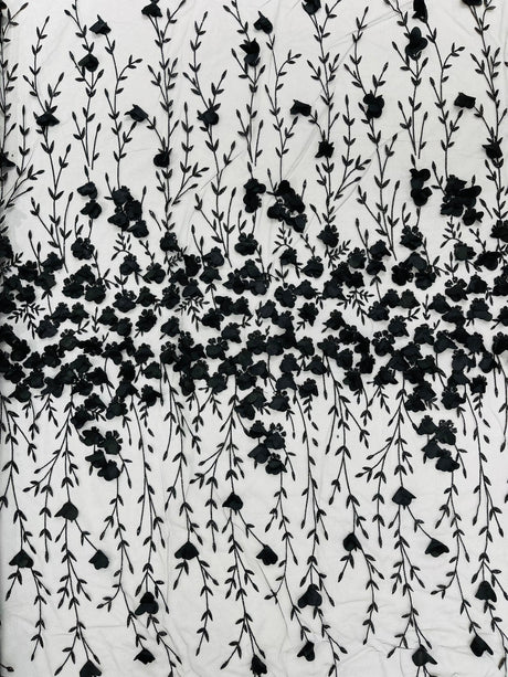 Satin 3D Floral Glitter Lace Fabric - 3D Satin Floral Embroidery With Glitter/Sequin, 54" Width (1 Yard)