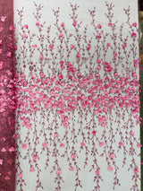 Satin 3D Floral Glitter Lace Fabric - 3D Satin Floral Embroidery With Glitter/Sequin, 54" Width (1 Yard)