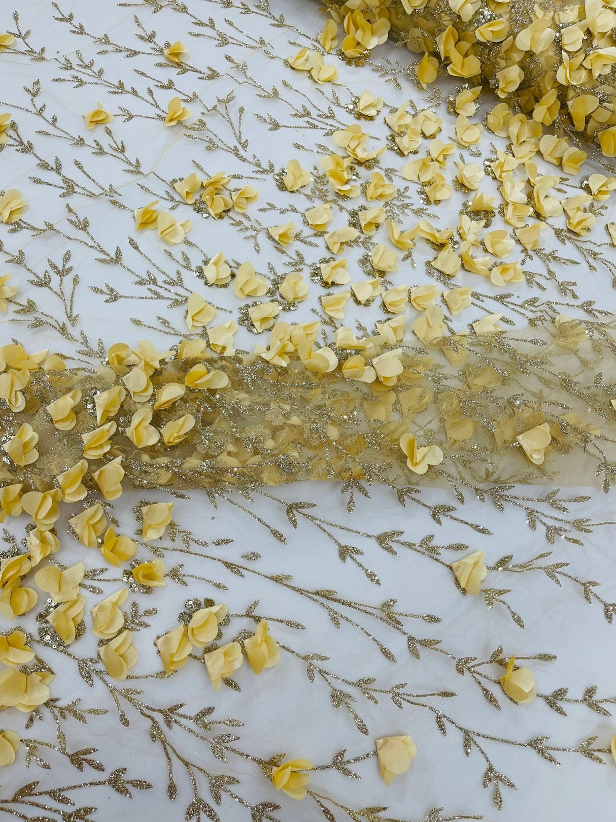Satin 3D Floral Glitter Lace Fabric - 3D Satin Floral Embroidery With Glitter/Sequin, 54" Width (1 Yard)