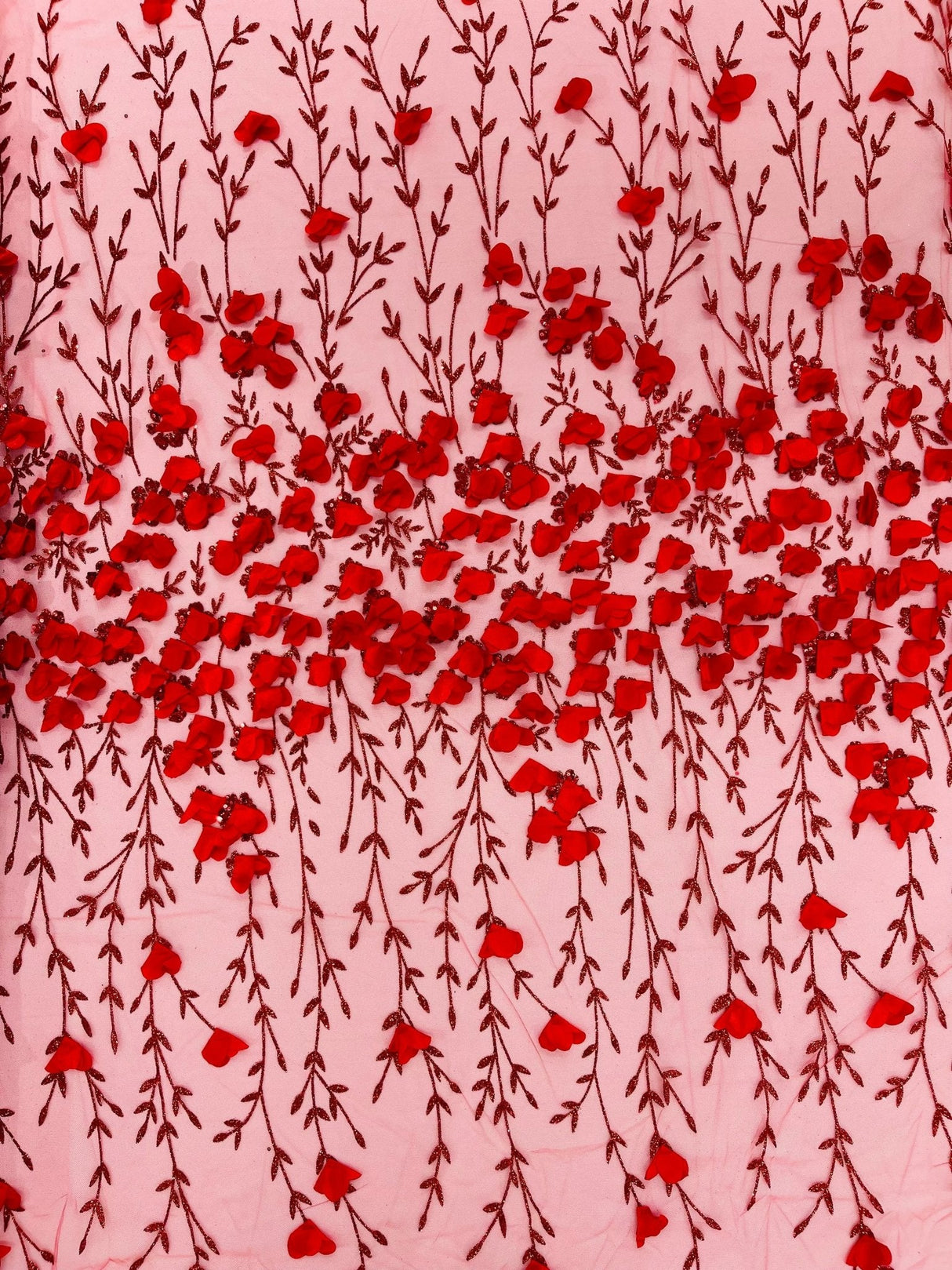 Satin 3D Floral Glitter Lace Fabric - 3D Satin Floral Embroidery With Glitter/Sequin, 54" Width (1 Yard)