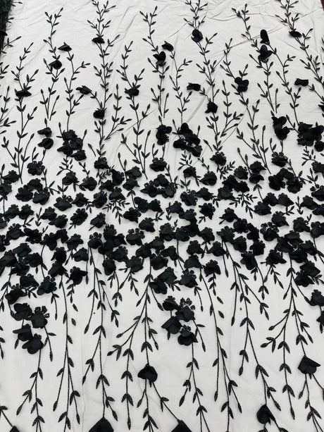 Satin 3D Floral Glitter Lace Fabric - 3D Satin Floral Embroidery With Glitter/Sequin, 54" Width (1 Yard)