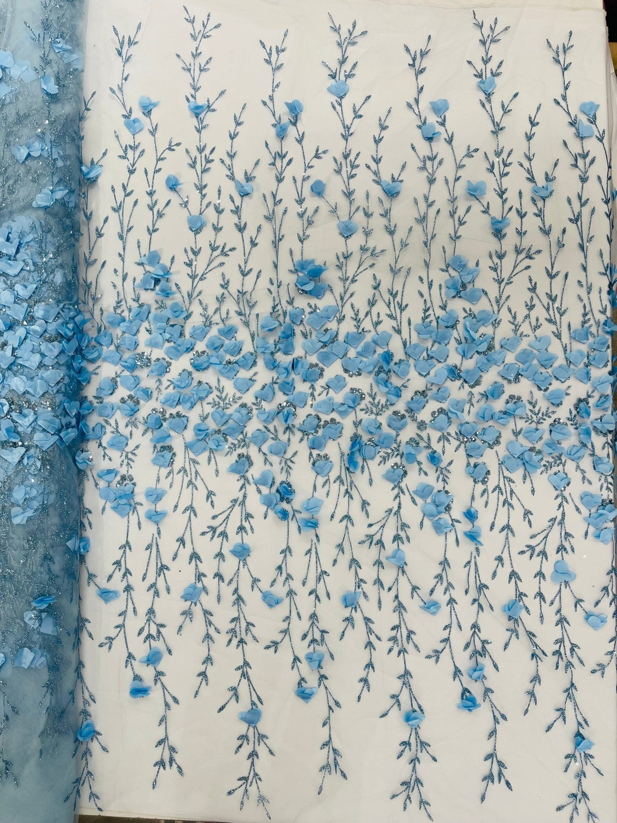 Satin 3D Floral Glitter Lace Fabric - 3D Satin Floral Embroidery With Glitter/Sequin, 54" Width (1 Yard)