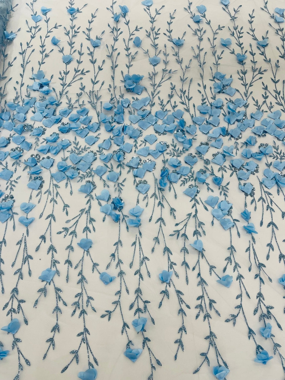 Satin 3D Floral Glitter Lace Fabric - 3D Satin Floral Embroidery With Glitter/Sequin, 54" Width (1 Yard)
