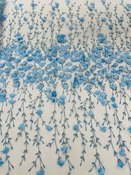 Satin 3D Floral Glitter Lace Fabric - 3D Satin Floral Embroidery With Glitter/Sequin, 54" Width (1 Yard)
