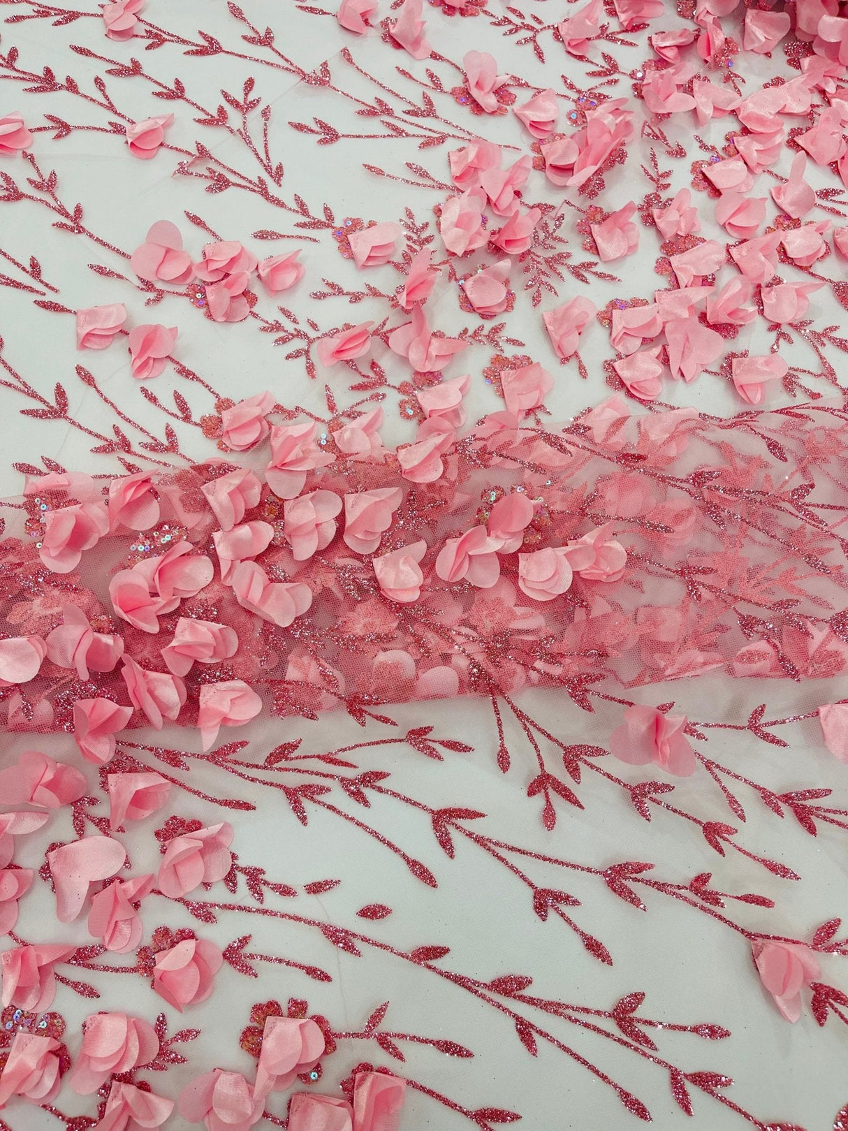 Satin 3D Floral Glitter Lace Fabric - 3D Satin Floral Embroidery With Glitter/Sequin, 54" Width (1 Yard)
