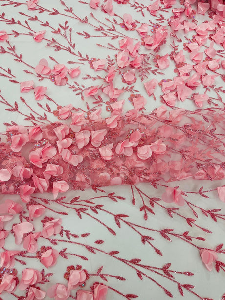 Satin 3D Floral Glitter Lace Fabric - 3D Satin Floral Embroidery With Glitter/Sequin, 54" Width (1 Yard)