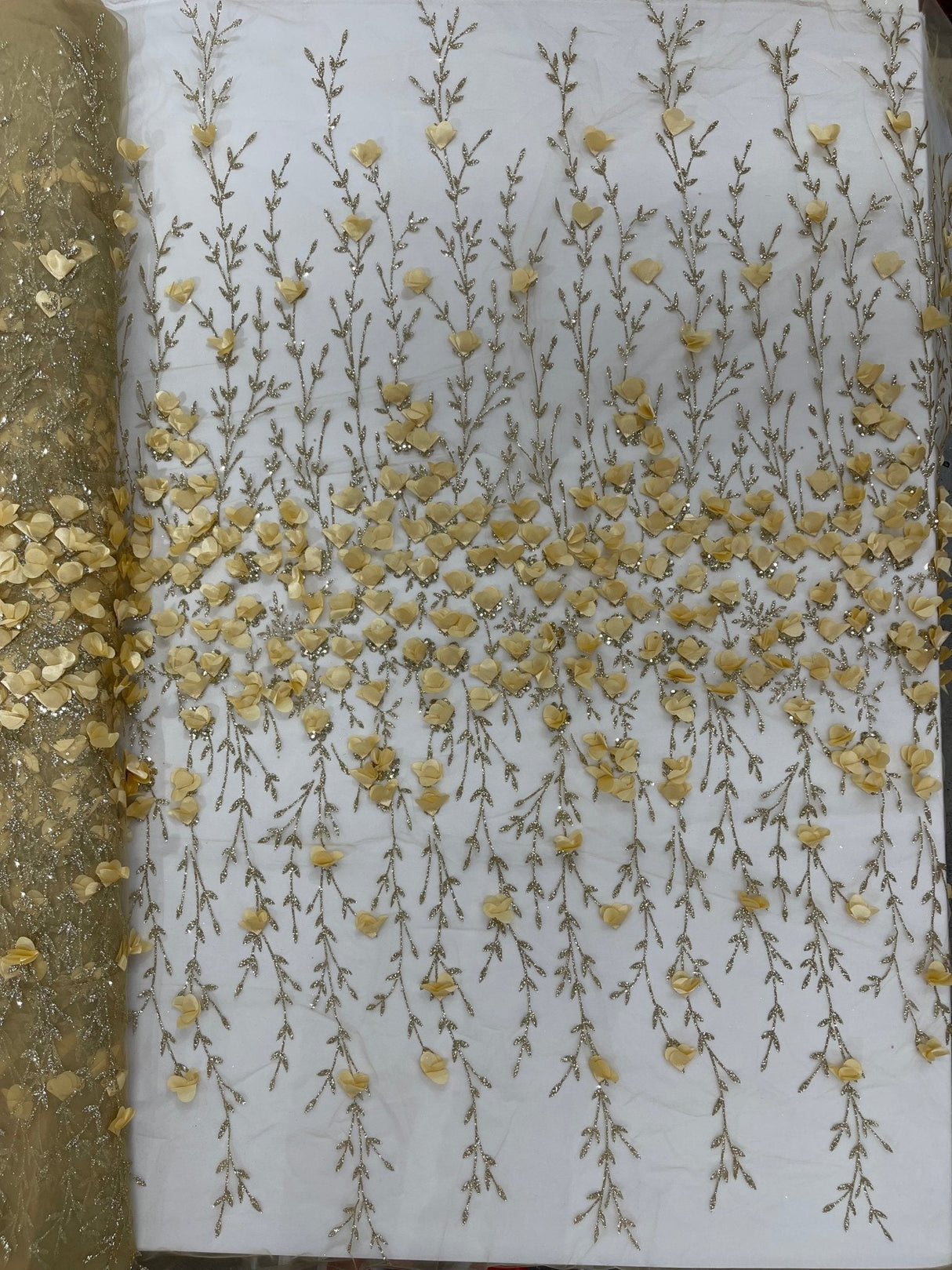 Satin 3D Floral Glitter Lace Fabric - 3D Satin Floral Embroidery With Glitter/Sequin, 54" Width (1 Yard)