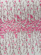Satin 3D Floral Glitter Lace Fabric - 3D Satin Floral Embroidery With Glitter/Sequin, 54" Width (1 Yard)