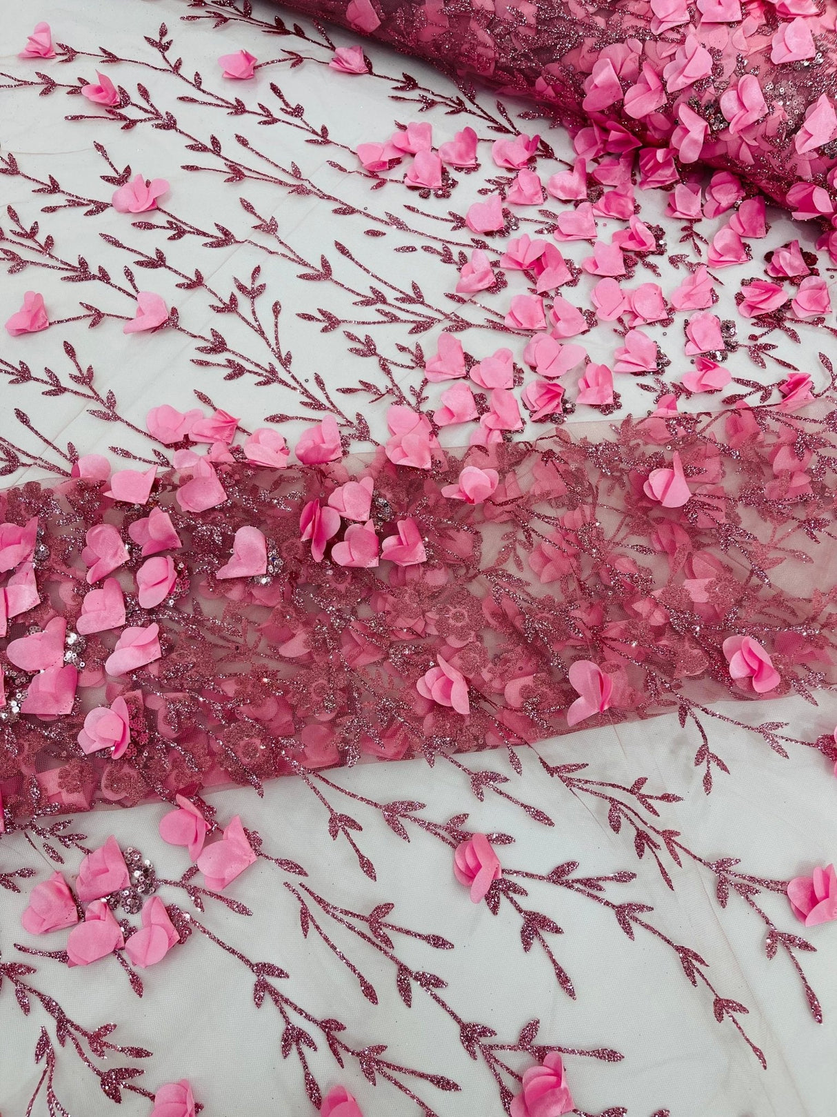 Satin 3D Floral Glitter Lace Fabric - 3D Satin Floral Embroidery With Glitter/Sequin, 54" Width (1 Yard)