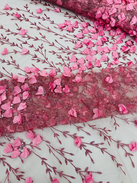Satin 3D Floral Glitter Lace Fabric - 3D Satin Floral Embroidery With Glitter/Sequin, 54" Width (1 Yard)