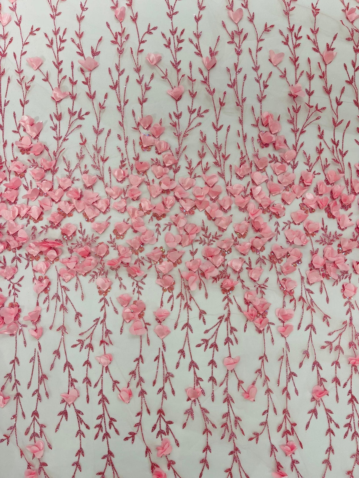 Satin 3D Floral Glitter Lace Fabric - 3D Satin Floral Embroidery With Glitter/Sequin, 54" Width (1 Yard)