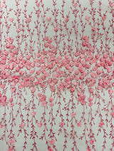 Satin 3D Floral Glitter Lace Fabric - 3D Satin Floral Embroidery With Glitter/Sequin, 54" Width (1 Yard)