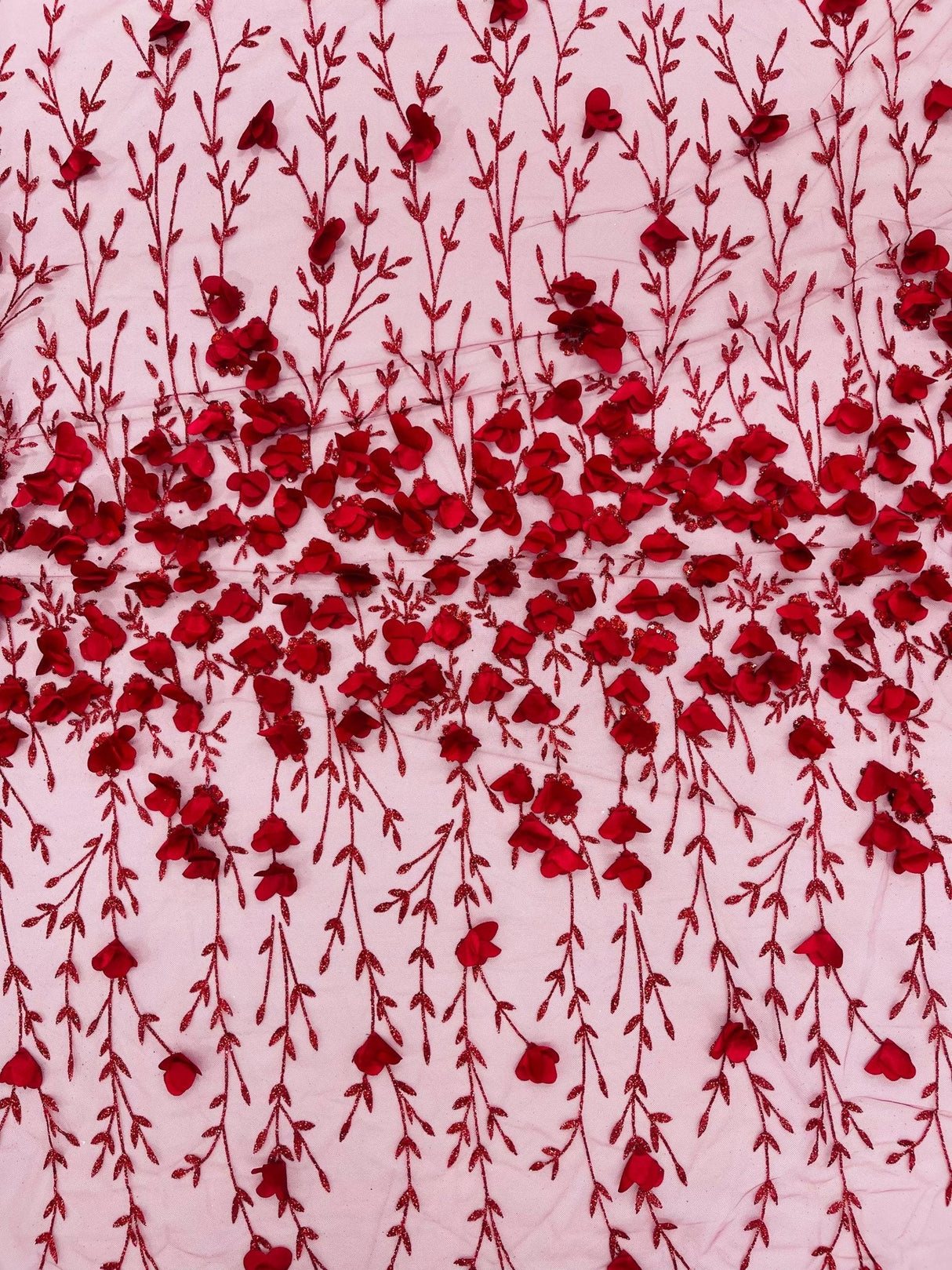 Satin 3D Floral Glitter Lace Fabric - 3D Satin Floral Embroidery With Glitter/Sequin, 54" Width (1 Yard)