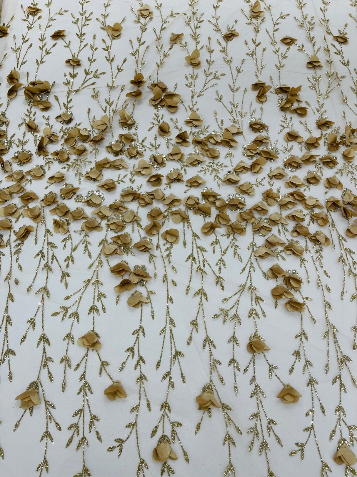 Satin 3D Floral Glitter Lace Fabric - 3D Satin Floral Embroidery With Glitter/Sequin, 54" Width (1 Yard)