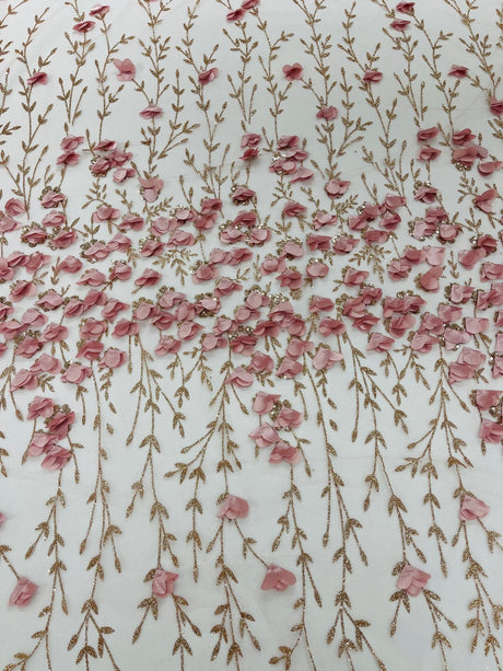 Satin 3D Floral Glitter Lace Fabric - 3D Satin Floral Embroidery With Glitter/Sequin, 54" Width (1 Yard)