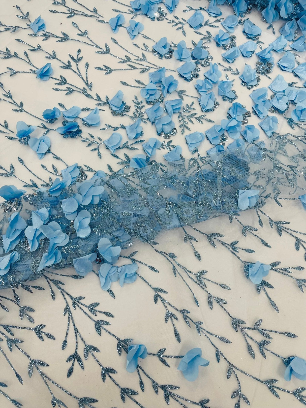 Satin 3D Floral Glitter Lace Fabric - 3D Satin Floral Embroidery With Glitter/Sequin, 54" Width (1 Yard)