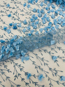 Satin 3D Floral Glitter Lace Fabric - 3D Satin Floral Embroidery With Glitter/Sequin, 54" Width (1 Yard)