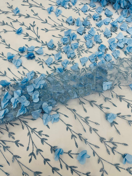 Satin 3D Floral Glitter Lace Fabric - 3D Satin Floral Embroidery With Glitter/Sequin, 54" Width (1 Yard)
