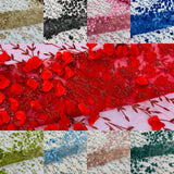 Satin 3D Floral Glitter Lace Fabric - 3D Satin Floral Embroidery With Glitter/Sequin, 54" Width (1 Yard)