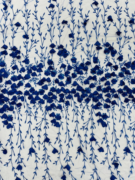 Satin 3D Floral Glitter Lace Fabric - 3D Satin Floral Embroidery With Glitter/Sequin, 54" Width (1 Yard)