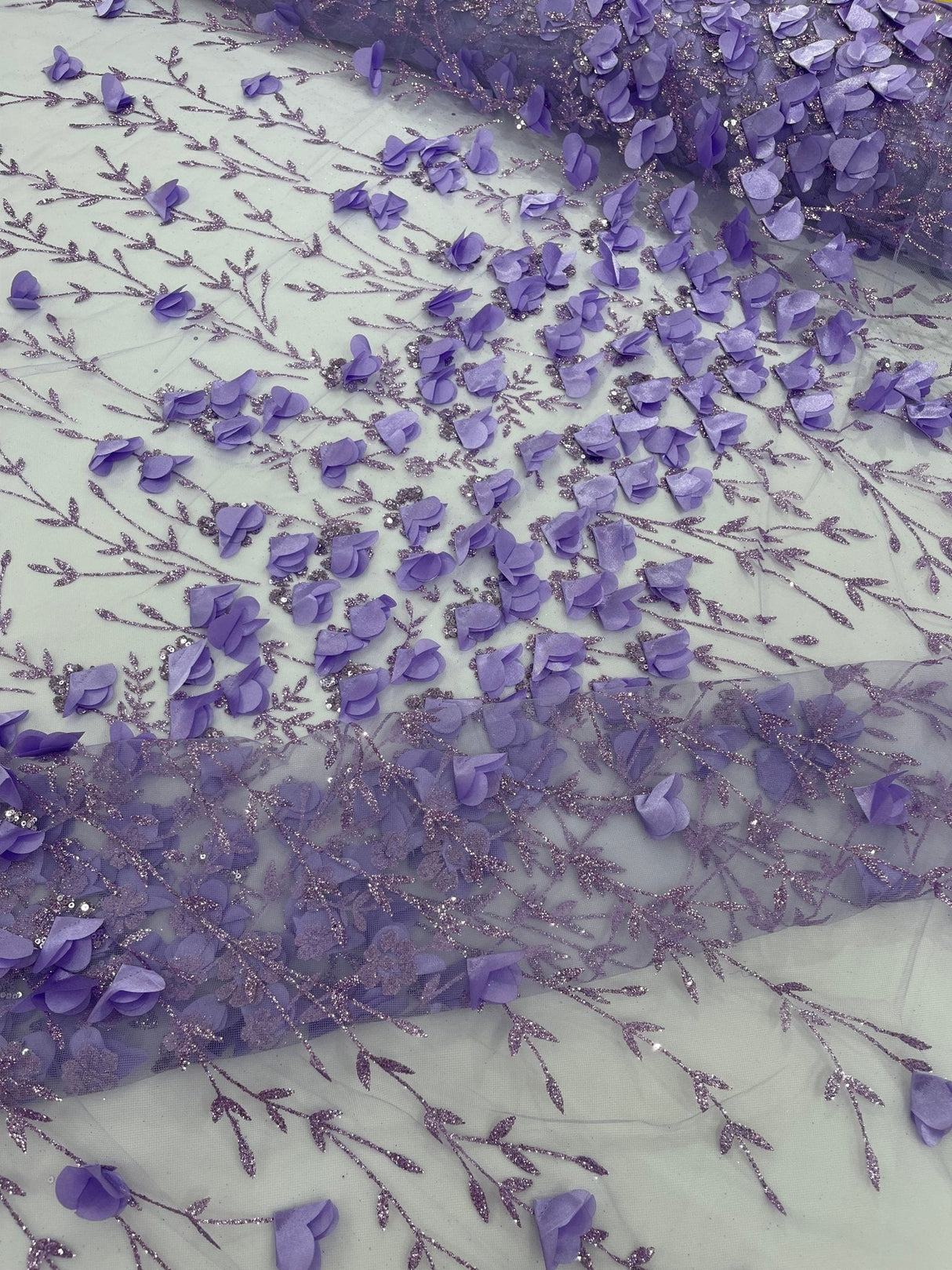Satin 3D Floral Glitter Lace Fabric - 3D Satin Floral Embroidery With Glitter/Sequin, 54" Width (1 Yard)