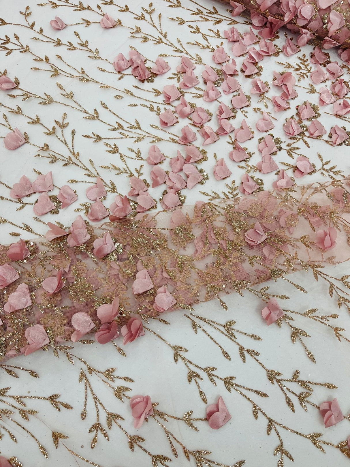 Satin 3D Floral Glitter Lace Fabric - 3D Satin Floral Embroidery With Glitter/Sequin, 54" Width (1 Yard)