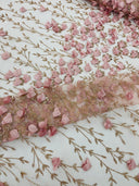 Satin 3D Floral Glitter Lace Fabric - 3D Satin Floral Embroidery With Glitter/Sequin, 54" Width (1 Yard)