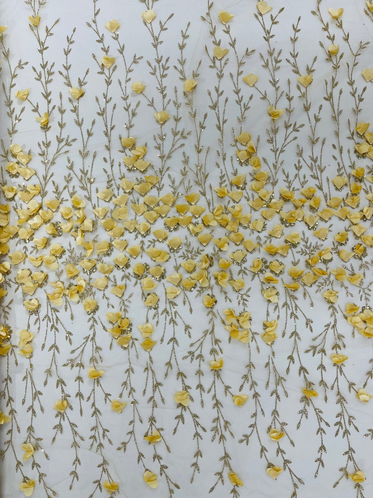 Satin 3D Floral Glitter Lace Fabric - 3D Satin Floral Embroidery With Glitter/Sequin, 54" Width (1 Yard)