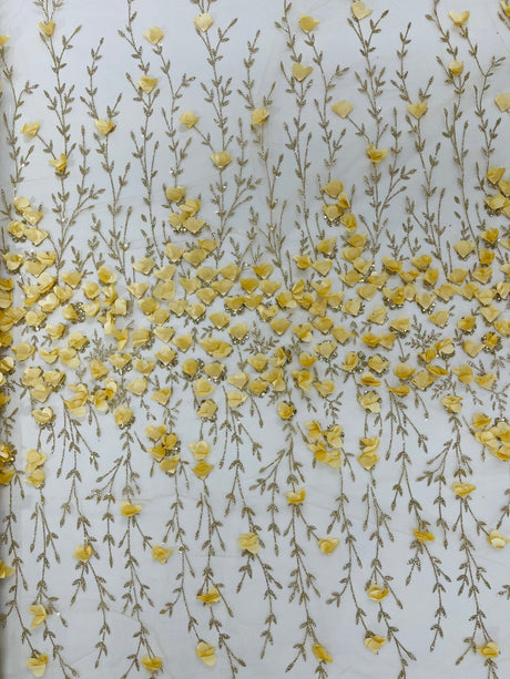 Satin 3D Floral Glitter Lace Fabric - 3D Satin Floral Embroidery With Glitter/Sequin, 54" Width (1 Yard)
