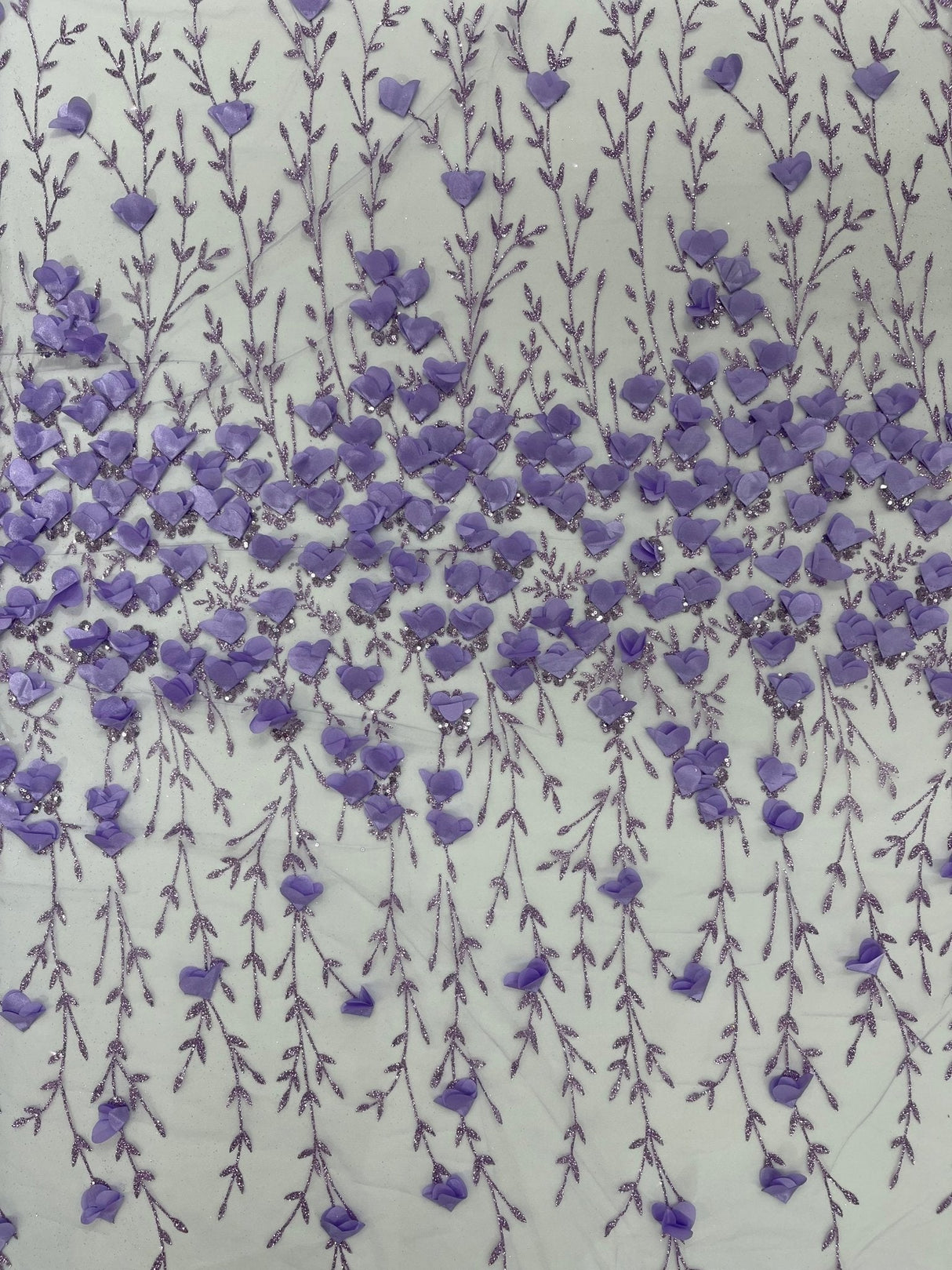 Satin 3D Floral Glitter Lace Fabric - 3D Satin Floral Embroidery With Glitter/Sequin, 54" Width (1 Yard)