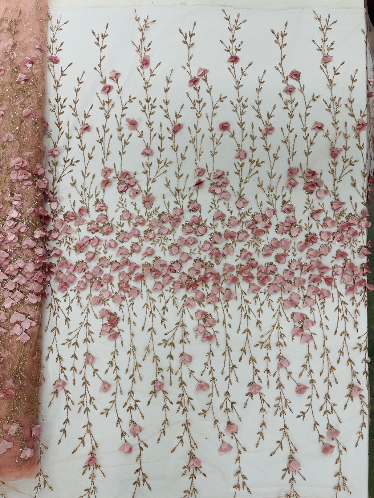 Satin 3D Floral Glitter Lace Fabric - 3D Satin Floral Embroidery With Glitter/Sequin, 54" Width (1 Yard)