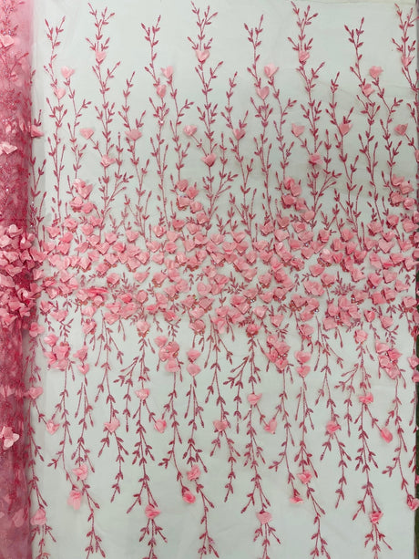Satin 3D Floral Glitter Lace Fabric - 3D Satin Floral Embroidery With Glitter/Sequin, 54" Width (1 Yard)